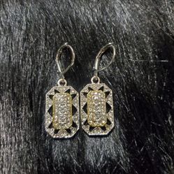 Sterling Silver 14k YellowGold & Gemstone Art Deco Style Drop Earrings  With Diamond Accents