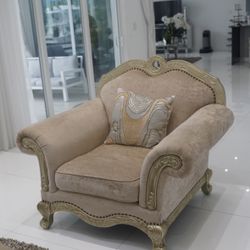 Elegant Oversized Armchair Couch- Plush Velvet & Gold Trim