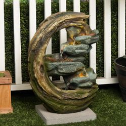 Outdoor Floor Curved Tiered Trunk and Stone Garden Fountain, 24" H
