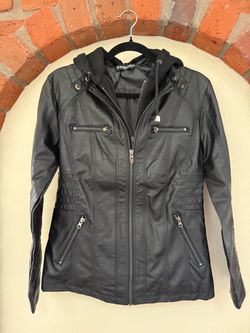 Newbestyle Women’s Black Faux Leather Hooded Motorcycle Jacket – Size Small
