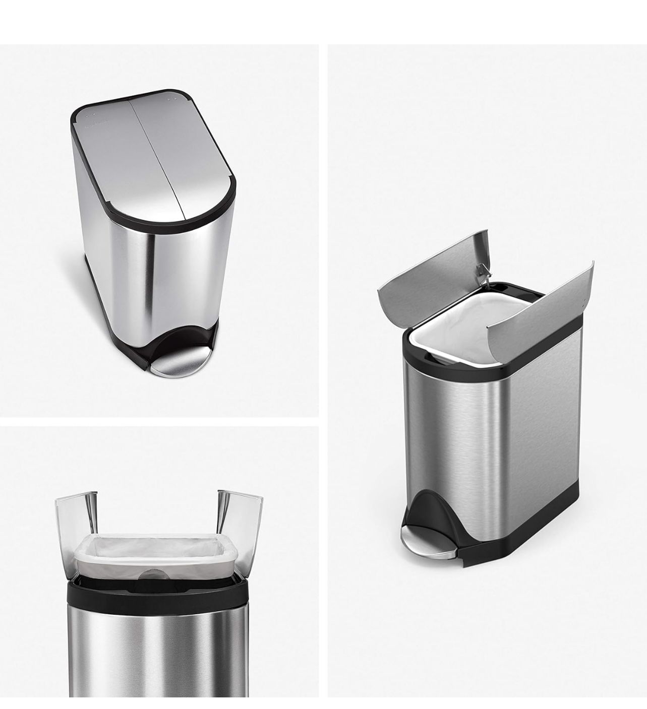 simplehuman 10 Liter / 2.6 Gallon Butterfly Lid Bathroom Step Trash Can, Brushed Stainless Steel with Black Trim