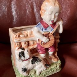 Vintage Hand-Painted Japanese Planter Vase. Boy, Banjo, Dog