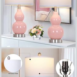 Double Gourd Ceramic Table Lamps Set of 2, Modern Pink Bedside Lamps for Night Stand, Contemporary Nightstand Lamps for Bedroom Living Room (Bulb Incl