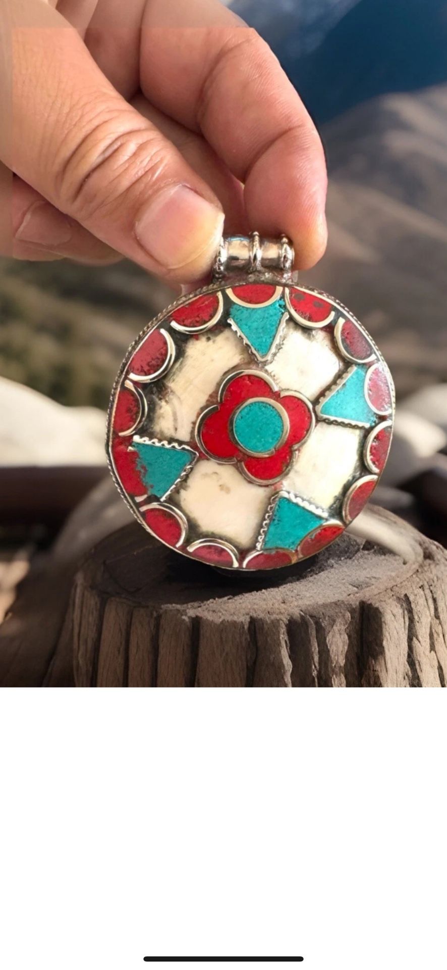 Vintage & Handmade Ethnic Tibetan Yak Bone Amulet Pendant With Inlay Stones Set In Silver 2.5”inch & 71grams