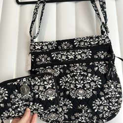 Vera Bradley Chandelier Black Floral Turn Lock Wallet And Crossbody Shoulder Purse