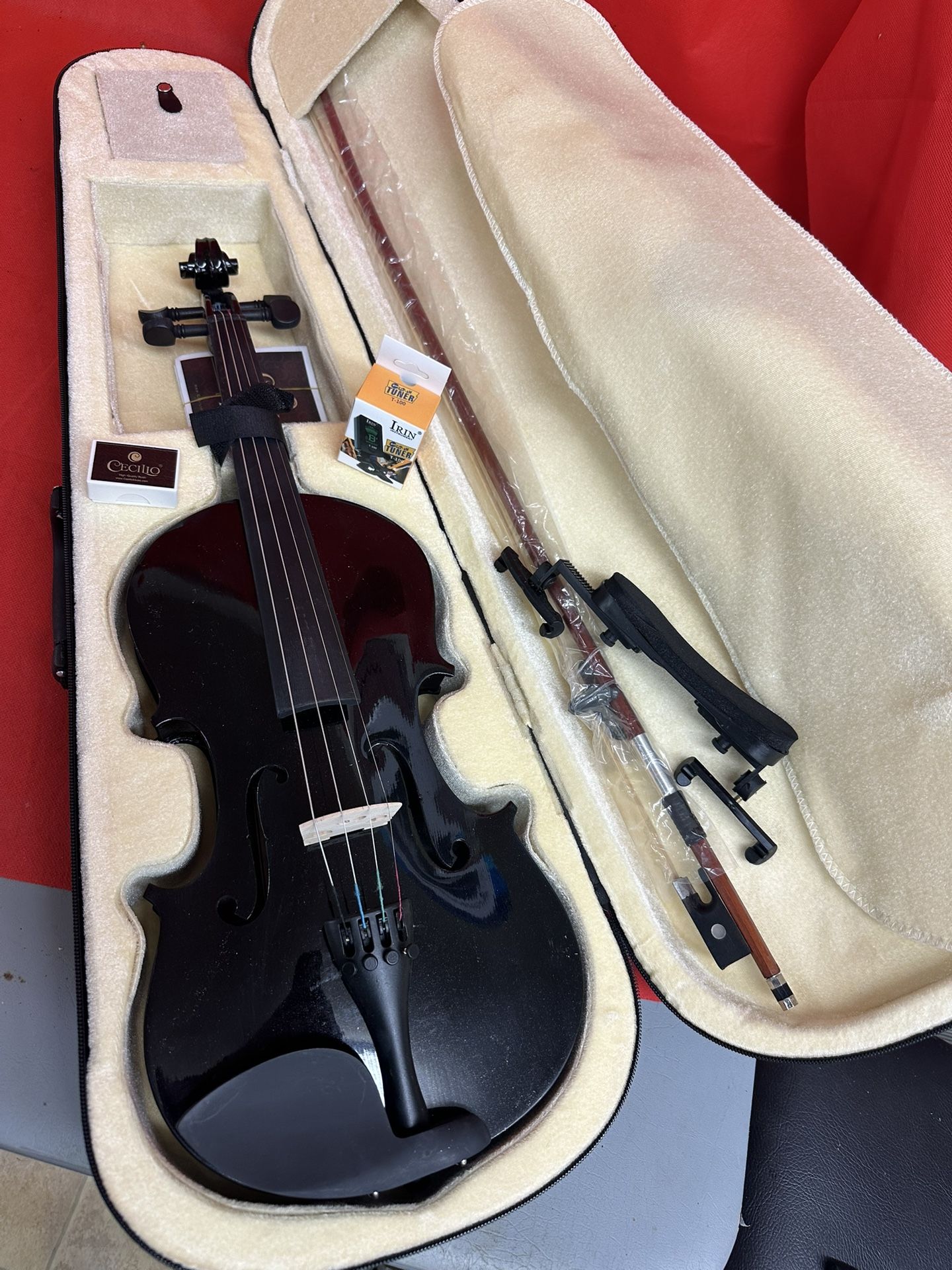 4/4 Black Violin with New Bow, Digital Tuner, Shoulder Rest, Extra Strings $120 Firm
