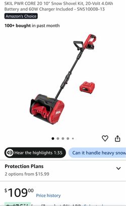 SKIL PWR CORE 20 10" Snow Shovel Kit, 20-Volt 4.0Ah Battery and 60W