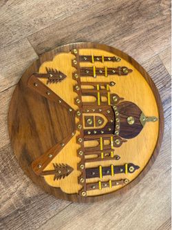 Vintage Indian Taj Mahal wood inlay wall plaque featuring handcrafted techniques. 15”