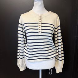 Women's Striped Crewneck Sweater with Button Detail