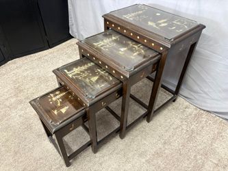Vintage Japanese Scenic Mother of Pearl Inlay Nesting Tables (Set of 4)