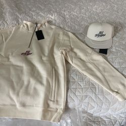 100 Thieves SP23 Quarter-Zip Sweatshirt Cream / White - Medium & Trucker Hat  (NEW)