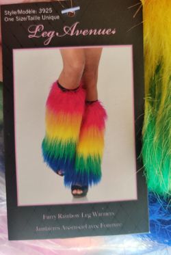 sexy rainbow fuzzy / furry leg warmers will make you feel bright and shiny on any day and/or especially during the pride parade!