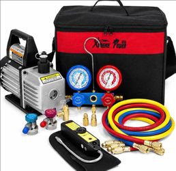 4 CFM HVAC Vacuum Pump Kit with R134a R22 R32 R410A Manifold Gauge Set, Leak Detector, R134a Quick Couplers, Can Tap & Carry Bag for AC Refrigeration 
