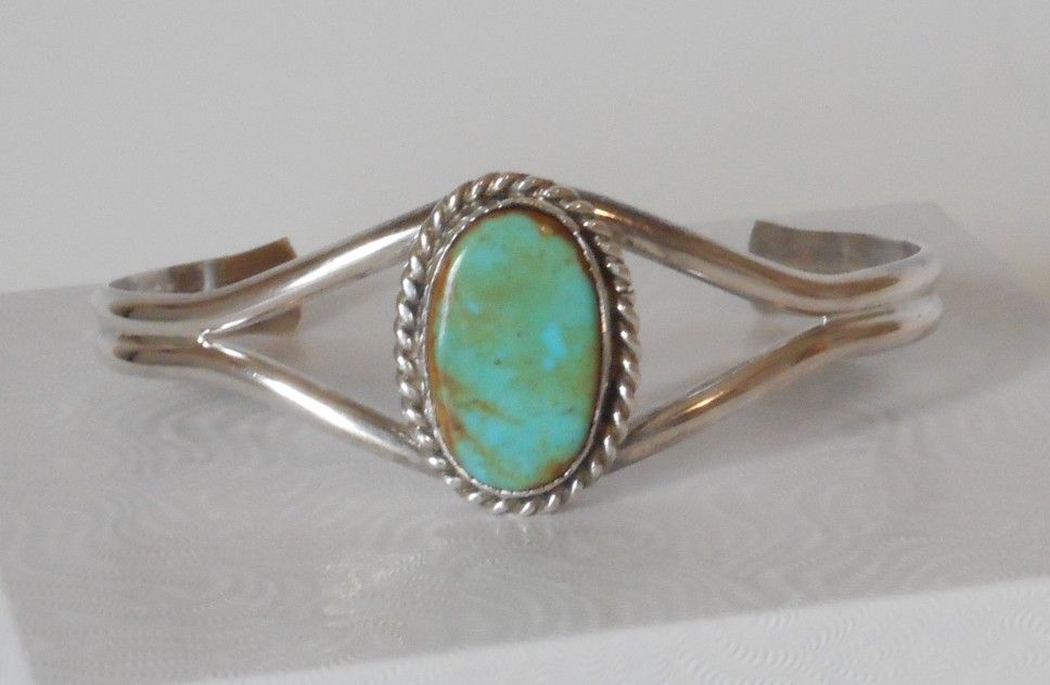 Vintage Navajo Nation Turquoise Cabochon in Sterling Silver Med Cuff Bracelet, Signed D. O.
