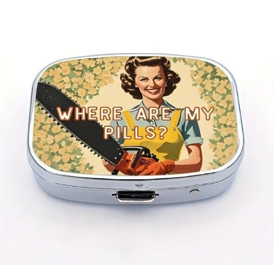  Vintage Style Small  Humor Lady With Chainsaw Pill Box