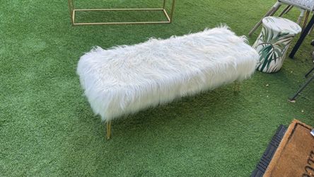 OH Modern Contemporary Faux Fur Long Bench Ottoman Foot Rest Stool/Seat with Gold Metal Legs - 15" L x 45" W x 15" H (White)