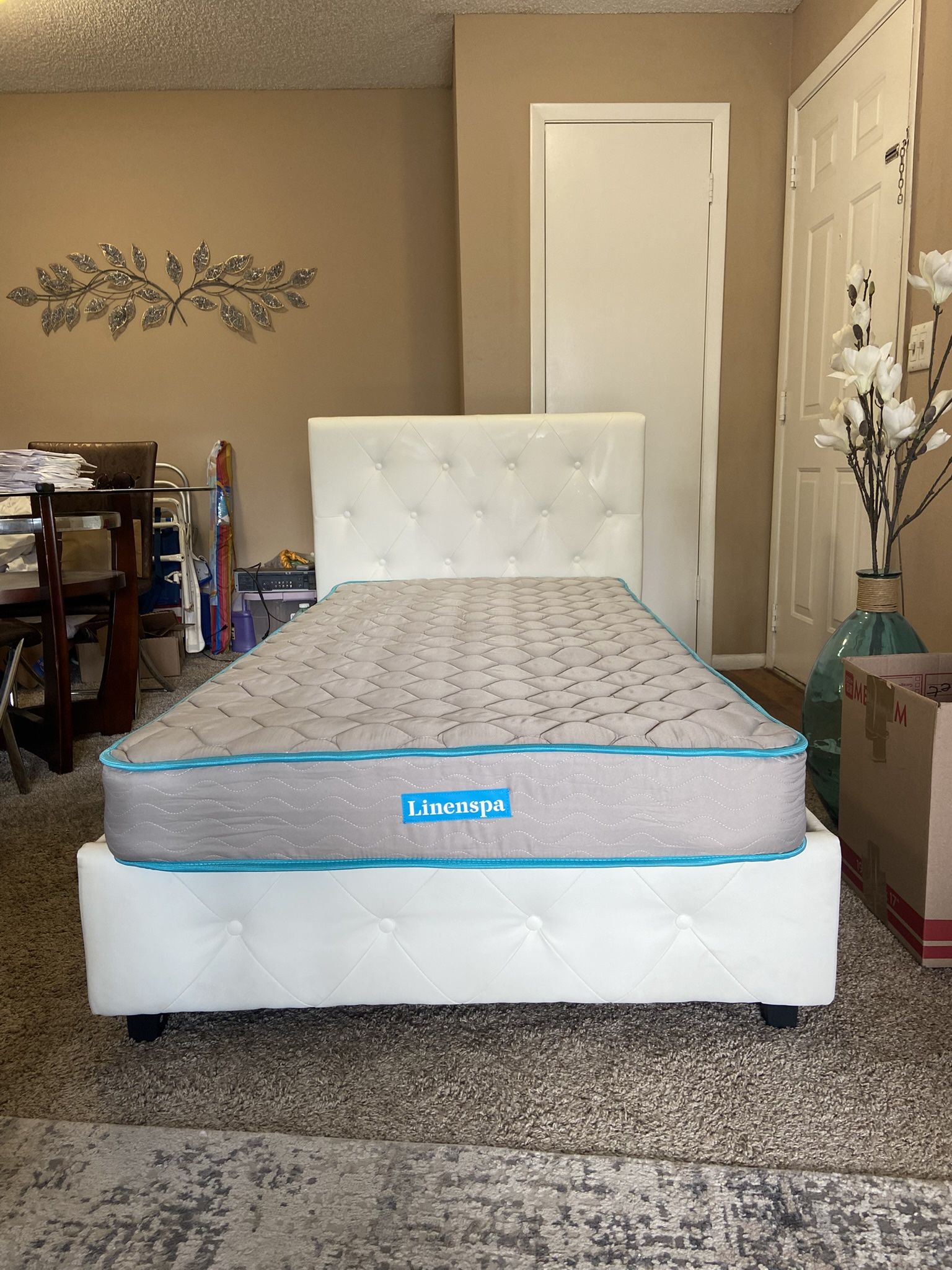 White Faux Leather Upholstered Bed Twin Size With Twin Extra Long Mattress