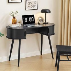 43" Oval Fluted Home Office Desk, Small Computer Desk Mid Century Modern Vanity Table with Sliding Tambour Door, Wooden Writing Study Desk for Small S