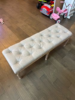 Tufted Linens Bench with Whitewashed Carved Wood Legs