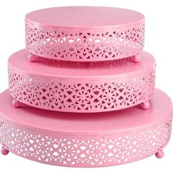 (7777-14) Hedume 3-Piece Metal Cake Stand Set, Pink Round Cake Stand, Dessert Cupcake Pastry Candy Display Plate for Wedding, Birthday Party, Event