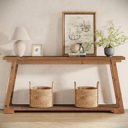 63" Console Table, Wood Sofa Table With 2-Tier Storage For Living Room, Retro Brown