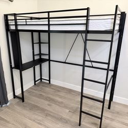 Like New Black Twin Size Metal Loft Bed with Built-in Desk and 2-Shelves, 2-Ladders
