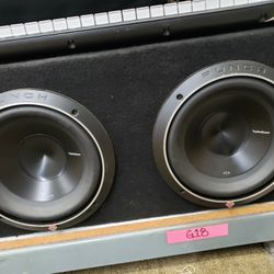 Rockford Fosgate Punch P3 12-inch subwoofers mounted in a speaker enclosure. 