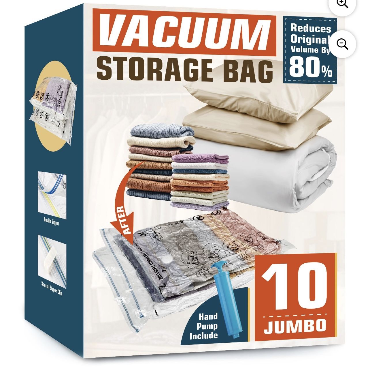 10 Jumbo Vacuum Storage Bags with Hand Pump for Clothes, Storage & Order - NWT