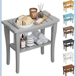 Grey Bamboo Shower Bench Stool with Storage Shelf