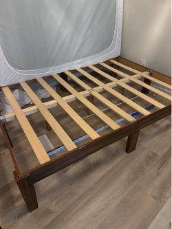 Full size wood bed frame, mattress and mattress cover