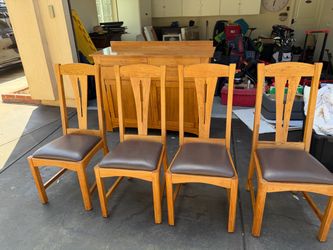 Oak Dining Chairs with Brown Leather Seats – Set of 4