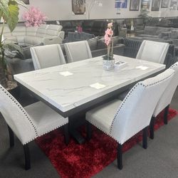 7Pc White Marble Dining Table Set