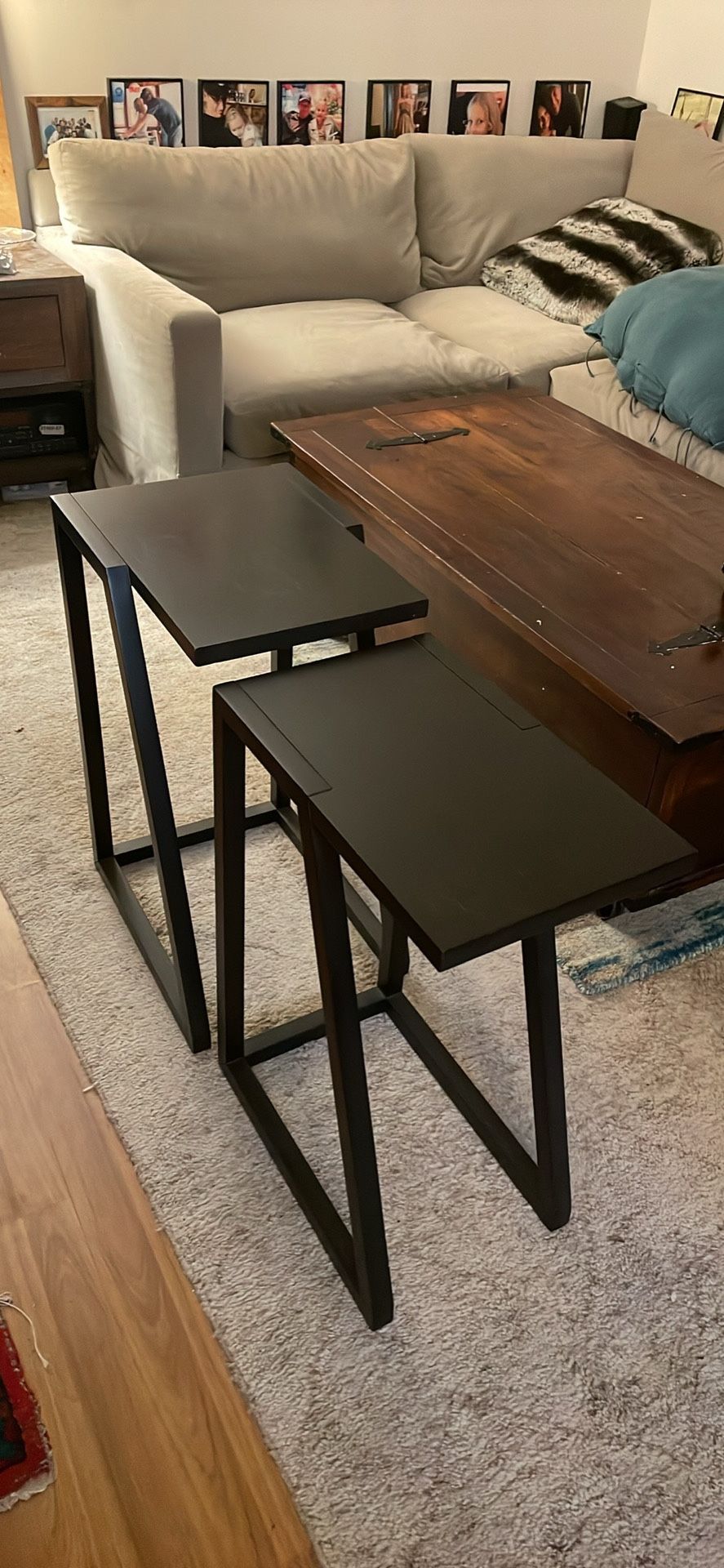 Wooden end table set. 2 separate tables. ex cond. as is pick up deliver. Dark brown.