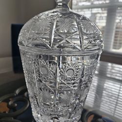 $175.00 - Spectacular Large & Heavy Etched Crystal Bowl with Lid!  Gorgeous Clarity & "Queen Lace Crystal Patterns" - Like New Condition!