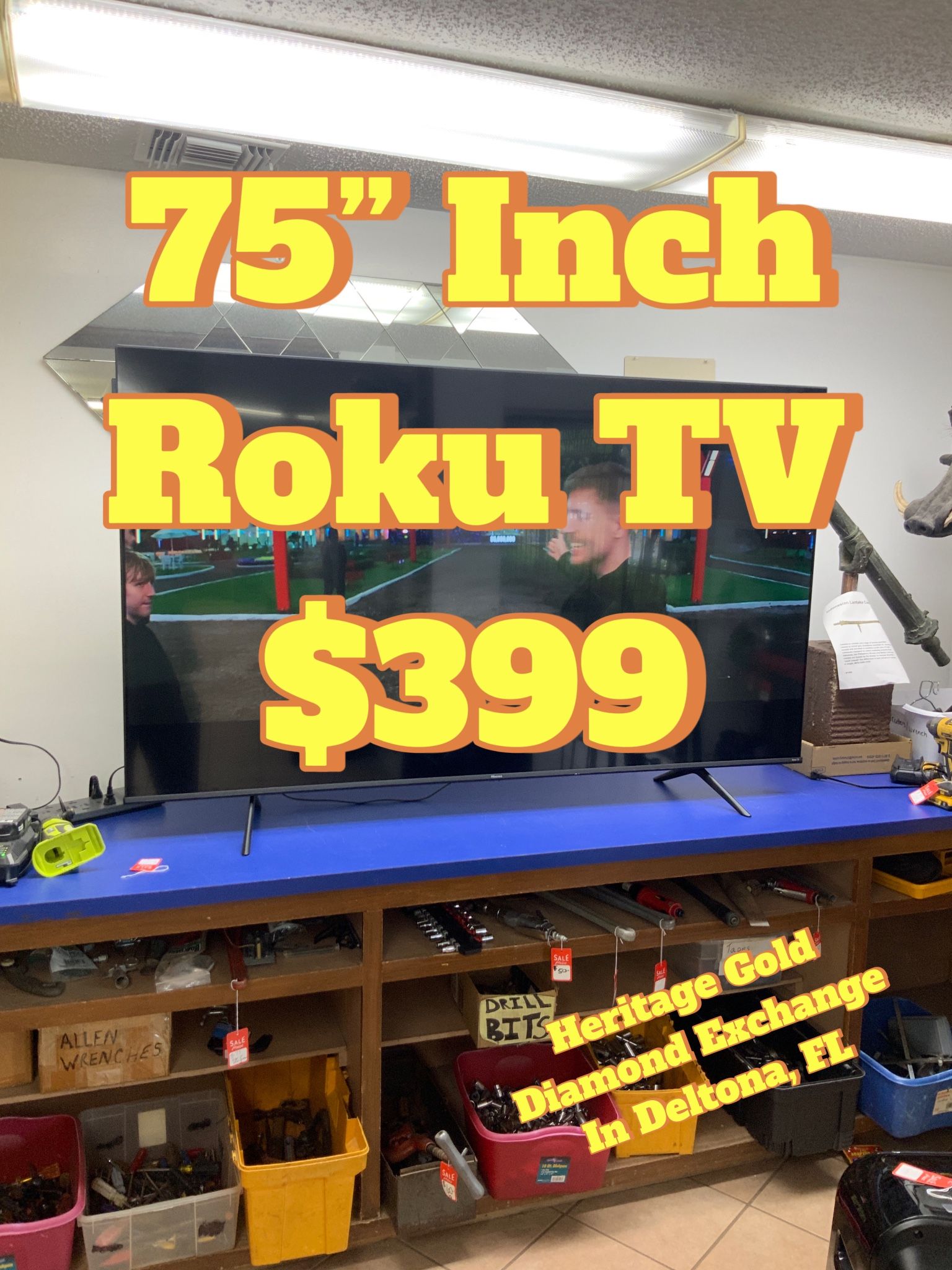 75” Inch Hisense Roku Smart Tv with remote and power cable.