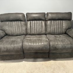 2 pc Grey Reclining Sofas With Blue Lighting & Center Console!