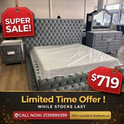 Gray Oversized Headboard Queen Size Bed Frame // Mattress Sold Separately 