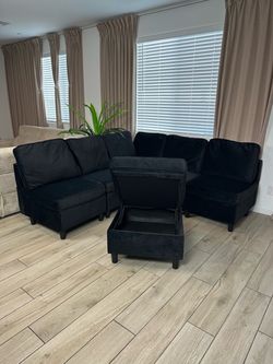 New Modular Black Velvet Sectional Sofa Couch With Storage