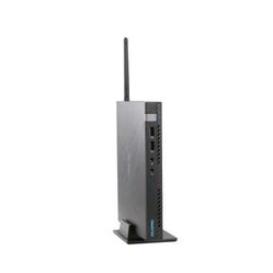 Compact ASUSPRO mini desktop computer has sleek black finish and vertical stand. Device includes external Wi-Fi antenna for better signal. Front panel