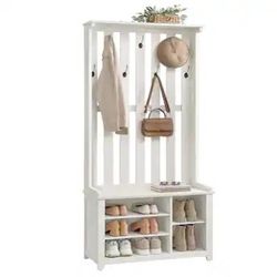 Hall Tree with Bench and Shoe Storage, 7 Double Hooks Coat Rack with Shoe Bench, 13.8 x 31.9 x 70.9 Inches, Entryway, Bedroom, Heather Greige, HELAN C