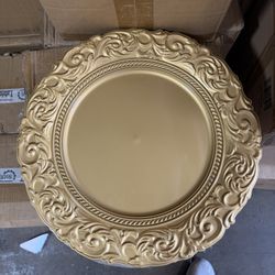 Acrylic Charger Plates 14" Round Gold with Engraved Baroque Rim - Vintage Disposable Decorative Chargers