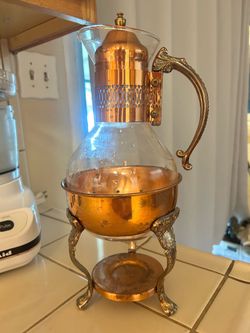 Vintage Glass Carafe with Copper and Brass Warmer Stand