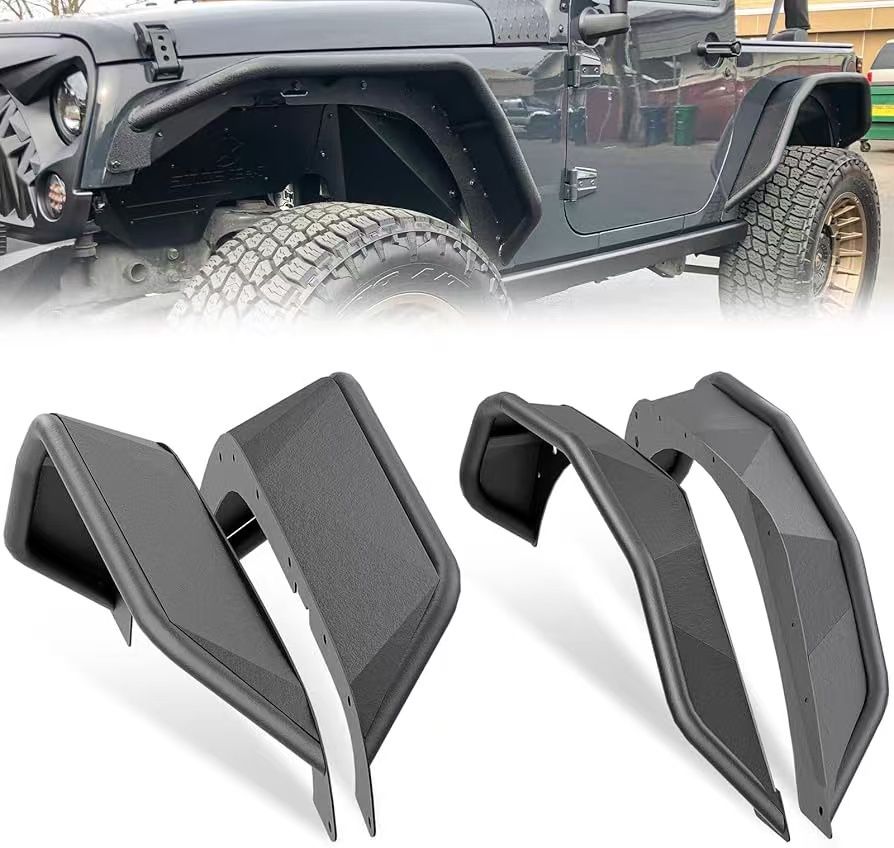 for JK 4-Piece Tubular Front and Rear Fender Flares Kit Compatible with 2007-2018 Jeep Wrangler JK JKU Unlimited 2/4 Doors, Off-Road Heavy Duty Steel