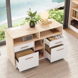 Modern Walnut Office File Cabinet w/ Power Outlets + USB Ports