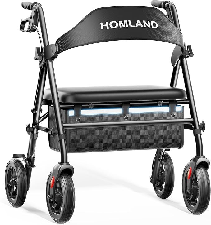 New In Box HOMLAND Bariatric Walkers for Seniors, 500lb Heavy Duty Rollator Walker with Extra Wide Padded Seat, 8” All Terrain Foldable Rolling Walker