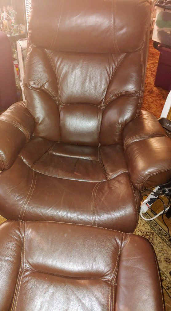 Genuine Brown Leather Chair With Ottoman