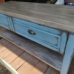 Tv Stand Painted, Anticiqued Weathered Wood Effect Top And Shelf