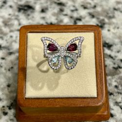New Natural Genuine Garnet And Blue Topaz Butterfly ring 