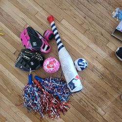T Ball Gloves, Bat, Balls & Pom Poms