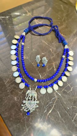 New Blue & Silver Beaded Elephant & Coin Necklace Set